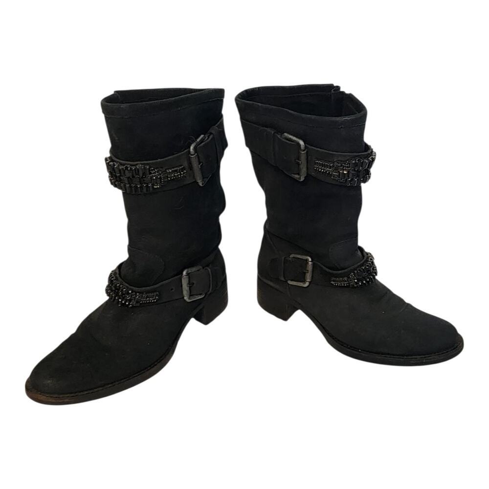 Vera Wang Lavender Uma Biker Boots Women Sz 8 Black Suede Embellished Buckle